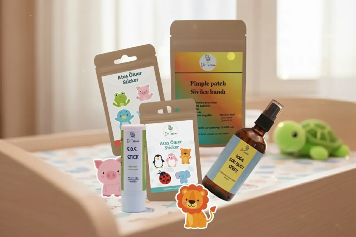 DrTessia doğal koruyucu sprey, S.O.S. stick, ateş ölçer sticker ve sivilce bandı bir arada